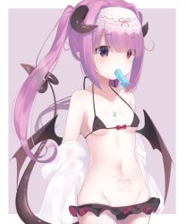 Rule 34 | 1girl, bad id, bad pixiv id, bikini, black bikini, blush, bow, breasts, brown eyes, commentary request, covered erect nipples, curled horns, demon girl, demon horns, demon tail, demon wings, food, food in mouth, frilled bikini, frills, grey background, groin, hair intakes, heterochromia, horns, long hair, looking away, mouth hold, navel, off shoulder, original, popsicle, pubic tattoo, purple hair, red bow, red eyes, shirt, sidelocks, small breasts, solo, swimsuit, tail, tattoo, twintails, two-tone background, usagimiko, very long hair, white background, white shirt, wings