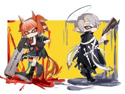 Rule 34 | 1boy, 1girl, absurdres, andoain (arknights), antique firearm, arknights, bayonet, black cloak, black footwear, black gloves, black jacket, black skirt, boots, border, bright pupils, buttons, cloak, closed mouth, collared shirt, fanqiezijinnianyidinghaohaoxuexi, fiammetta (arknights), finger on trigger, firearm, firelock, flat chest, flintlock, frilled skirt, frills, from behind, full body, gloves, grey eyes, grey hair, gun, halo, hand up, handgun, highres, holding, holding gun, holding weapon, ink, inkling, inkling player character, jacket, knee boots, leg up, long sleeves, looking at viewer, looking back, matching hair/eyes, miniskirt, necktie, nintendo, outline, outside border, pointy ears, red eyes, red hair, red necktie, rifle, shirt, shirt tucked in, short hair, sidelocks, skirt, splatoon (series), standing, standing on one leg, suction cups, tentacle hair, tentacles, thigh strap, trigger discipline, two side up, v-shaped eyebrows, walkie-talkie, weapon, white border, white outline, white pupils, white shirt, yellow background