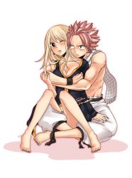Rule 34 | 1boy, 1girl, bad id, bad pixiv id, barefoot, belt, black jacket, blonde hair, blush, grabbing another&#039;s breast, breasts, brown eyes, cleavage, collarbone, couple, earrings, fairy tail, grabbing, heart, heart earrings, indian style, jacket, jewelry, large breasts, long hair, long sleeves, lucy heartfilia, nail polish, natsu dragneel, one eye closed, pants, parted lips, pink hair, pink nails, saku sanotsuki, scarf, short hair, simple background, sitting, sitting on person, spiked hair, tattoo, white background, white pants, white scarf