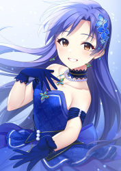 Rule 34 | 1girl, absurdres, blue choker, blue dress, blue gloves, blue hair, breasts, brown eyes, choker, collarbone, dress, earrings, floating hair, gloves, grin, hair intakes, hair ornament, highres, idolmaster, idolmaster (classic), jewelry, kisaragi chihaya, long hair, looking at viewer, mikapoe, sleeveless, sleeveless dress, small breasts, smile, solo, standing, strapless, strapless dress, very long hair