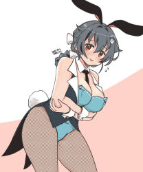 Rule 34 | 1girl, animal ears, black hair, black neckwear, black vest, blue leotard, bow, bowtie, braid, breasts, bunny day, cleavage, commentary request, detached collar, fake animal ears, fishnet pantyhose, fishnets, hair flaps, hair ornament, hairclip, highres, jingei (kancolle), kantai collection, kirisawa juuzou, large breasts, leotard, long hair, looking at viewer, necktie, pantyhose, playboy bunny, rabbit ears, rabbit tail, red eyes, single braid, smile, solo, tail, tongue, tongue out, vest, wrist cuffs