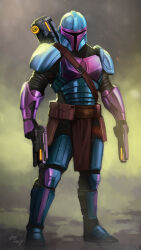 1boy armor belt_pouch blue_armor dual_wielding full_body gun handgun hifarry highres holding holding_gun holding_weapon mandalorian mandalorian_helmet pink_armor pouch signature solo standing star_wars two-tone_armor weapon