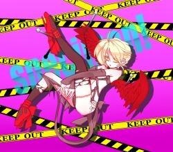 Rule 34 | 1boy, bad id, bad pixiv id, benio (zone-00), black thighhighs, blonde hair, demon tail, full body, long hair, male focus, scar, side ponytail, solo, tail, thighhighs, trap, wings, yellow eyes, zone-00