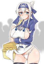 Rule 34 | 10s, 1girl, ainu clothes, aoi renji, bandages, basket, black thighhighs, blue eyes, blue headband, blue jacket, bluh, blush, breasts, crate, cropped jacket, embarrassed, folded ponytail, fundoshi, headband, highres, jacket, japanese clothes, kamoi (kancolle), kantai collection, large breasts, long hair, panties, pantyshot, pelvic curtain, sideboob, silhouette, silver hair, solo focus, standing, sweat, thick eyebrows, thighhighs, underwear, upper body