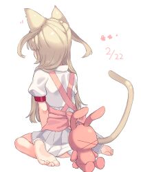Rule 34 | &gt; &lt;, 1girl, animal ears, apron, barefoot, cat day, cat ears, cat tail, collared dress, commentary request, dated, dress, facing away, from behind, full body, highres, kemonomimi mode, light brown hair, long hair, napenasupe, natori sana, panties, pantyshot, pink apron, puffy short sleeves, puffy sleeves, sana channel, short sleeves, simple background, sitting, soles, solo, stuffed animal, stuffed rabbit, stuffed toy, tail, two side up, underwear, virtual youtuber, wariza, white background, white dress, white panties