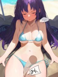 Rule 34 | ..., 1girl, 1other, :i, alternate costume, aqua bikini, arm support, bare shoulders, beach, beach umbrella, bikini, blue archive, blue hair, blush, breasts, closed eyes, closed mouth, commentary request, dio nand, full-face blush, highres, medium breasts, navel, ocean, outdoors, reclining, shadow, side-tie bikini bottom, sidelocks, solo, speech bubble, spoken ellipsis, stomach, sunlight, swimsuit, thighs, umbrella, water, yuuka (blue archive)