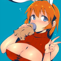 Rule 34 | 1girl, alternate costume, animal ears, blue background, blue eyes, blush, breasts, charlotte e. yeager, cleavage, cleavage cutout, clothing cutout, drinking, em (totsuzen no hakike), large breasts, long hair, looking at viewer, meme attire, open-chest sweater, orange hair, rabbit ears, rabbit girl, ribbed sweater, solo, strike witches, sweater, turtleneck, upper body, v, world witches series