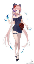 Rule 34 | absurdres, alternate costume, bare legs, bare shoulders, blue dress, blue eyes, bow, dress, flower, full body, genshin impact, hair bow, hair flower, hair ornament, high heels, highres, jewelry, legs, long hair, looking at viewer, luma li, necklace, pink hair, red flower, red rose, rose, sangonomiya kokomi, simple background, thigh strap, twintails, water, water drop, white background