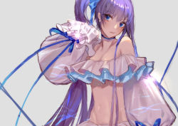 Rule 34 | 1girl, absurdres, bare shoulders, bikini, blue eyes, blue ribbon, blush, breasts, collarbone, earrings, fate/grand order, fate (series), frilled bikini, frills, grey background, hair ribbon, highres, jewelry, long hair, looking at viewer, meltryllis, meltryllis (fate), meltryllis (swimsuit lancer) (fate), meltryllis (swimsuit lancer) (third ascension) (fate), navel, parted lips, puffy sleeves, purple hair, ribbon, side ponytail, simple background, sleeves past fingers, sleeves past wrists, small breasts, solo, sparkle, swimsuit, very long hair, white bikini, yusuli-