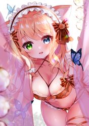 Rule 34 | 1girl, absurdres, animal ears, bare shoulders, blonde hair, blue eyes, bra, breasts, bug, butterfly, cat ears, cat girl, cat tail, cleavage, collarbone, cowboy shot, criss-cross halter, curtains, green eyes, halterneck, headdress, heterochromia, highres, bug, large breasts, leaning forward, lingerie, long hair, looking at viewer, multi-strapped panties, navel, open mouth, orange bra, orange panties, original, panties, skindentation, smile, solo, standing, stomach, tail, thigh gap, thigh strap, thighs, tsukimiya sara, underwear, underwear only, wrist cuffs