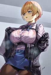 Rule 34 | 1girl, black gloves, black jacket, black pantyhose, blonde hair, blue eyes, blue skirt, blush, bow, bowtie, breasts, buttons, collared shirt, girls&#039; frontline, gloves, highres, jacket, large breasts, long sleeves, looking away, mole, mole under eye, open mouth, pantyhose, pooor, pouch, shirt, shirt tucked in, short hair, skirt, solo, vsk-94 (girls&#039; frontline), white shirt