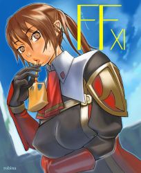 Rule 34 | 00s, 1girl, breast rest, breasts, brown eyes, brown hair, covered erect nipples, final fantasy, final fantasy xi, gloves, hume, juice, long hair, ponytail, red mage (final fantasy), robina, solo, sweatdrop, third-party edit