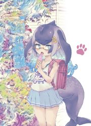 Rule 34 | 1girl, aged down, alternate costume, anchor hair ornament, aqua hair, backpack, bag, bare arms, blowhole, blue eyes, blue skirt, blue whale (kemono friends), casual, cetacean tail, child, commentary request, cowboy shot, dorsal fin, fins, fish tail, food, glasses, grey hair, hair ornament, highres, ice cream, ice cream cone, kemono friends, kolshica, long hair, multicolored hair, pleated skirt, print shirt, randoseru, red bag, shirt, skirt, soft serve, solo, tail, tank top, translation request