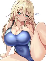 Rule 34 | 1girl, atago (kancolle), black one-piece swimsuit, blonde hair, blue one-piece swimsuit, blush, breasts, competition swimsuit, covered navel, dated, green eyes, hair between eyes, highres, impossible clothes, impossible swimsuit, kantai collection, large breasts, long hair, looking at viewer, montemasa, multicolored clothes, multicolored swimsuit, one-hour drawing challenge, one-piece swimsuit, simple background, smile, solo, swimsuit, twitter username, two-tone swimsuit, white background