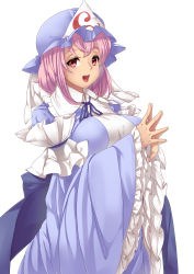 Rule 34 | 1girl, arm strap, blue dress, breasts, dress, hat, highres, hinaie takuya, large breasts, long sleeves, looking at viewer, mob cap, open mouth, own hands together, pink eyes, pink hair, saigyouji yuyuko, sash, smile, solo, touhou, triangular headpiece, veil, wide sleeves