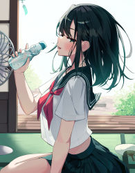 Rule 34 | 1girl, absurdres, black hair, black skirt, bottle, crop top, crop top overhang, day, electric fan, from side, green eyes, hand fan, hand up, highres, holding, holding bottle, long hair, looking at viewer, looking to the side, midriff, munseonghwa, neckerchief, open mouth, original, paper fan, pleated skirt, sailor collar, school uniform, serafuku, shirt, short sleeves, skirt, solo, summer, tatami, veranda, water bottle, white shirt, wind chime
