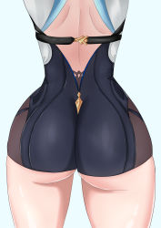 Rule 34 | 1girl, ass, ass focus, eula (genshin impact), from behind, genshin impact, head out of frame, highres, huge ass, leotard, shiny clothes, shiny skin, skin tight, solo, thigh gap, white background, whitewolf901