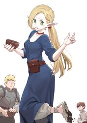 Rule 34 | 1girl, 2boys, absurdres, armor, blonde hair, blue robe, bowl, brown hair, chilchuck tims, choker, closed mouth, collared shirt, dungeon meshi, elf, frown, green eyes, highres, holding, holding bowl, jun (navigavi), laios touden, long hair, long sleeves, looking at another, marcille donato, multiple boys, open mouth, pointy ears, ponytail, red choker, robe, shirt, shoulder armor, simple background, tearing up, teeth, upper teeth only, white background, white shirt
