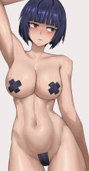 Rule 34 | 1girl, atlus, black hair, blush, bob cut, breasts, completely nude, covering crotch, covering privates, cowboy shot, gradient background, groin, highres, large breasts, maebari, navel, nipple pasties, nude, pasties, persona, persona 5, red eyes, shadertoons, short hair, solo, takemi tae, thighs