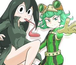 Rule 34 | 10s, 2girls, asui tsuyu, asui tsuyu (cosplay), bare legs, black eyes, black hair, bodysuit, boku no hero academia, breasts, color connection, cosplay, costume switch, crossover, dress, eyelashes, flat chest, flipped hair, frog girl, from side, gloves, goggles, goggles on head, green eyes, green hair, long hair, long sleeves, long tongue, low-tied long hair, monster girl, multiple girls, no panties, one-punch man, short hair, side slit, simple background, small breasts, tatsumaki, tatsumaki (cosplay), thighs, tongue, tongue out, uranoyoru, very long hair, voice actor connection, white background, yuuki aoi