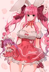 Rule 34 | 2girls, animal ears, bad id, bad twitter id, black eyes, blunt bangs, bow, braid, breasts, chibi, cleavage, cowboy shot, detached sleeves, di gi charat, dice, dress, drill hair, flower, frilled dress, frills, hair ribbon, joman, large breasts, long hair, looking at viewer, multiple girls, neck ribbon, one piece, perona, pink background, pink bow, pink hair, puffy detached sleeves, puffy sleeves, purple hair, rabbit ears, red bow, red eyes, red ribbon, ribbon, rose, short dress, smile, star (symbol), twintails, usada hikaru, wrist bow