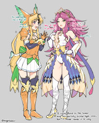 Rule 34 | 2girls, angela (seiken densetsu 3), armor, armored boots, armored dress, back bow, blonde hair, blush, boots, bow, breasts, cleavage, detached sleeves, elbow gloves, english text, garter straps, gauntlets, ge-b, gloves, green eyes, hair intakes, high heels, leotard, long hair, low-tied long hair, multiple girls, over-kneehighs, parted bangs, pauldrons, pleated skirt, purple eyes, purple hair, revealing clothes, riesz, seiken densetsu, seiken densetsu 3, shin strap, shoulder armor, showgirl skirt, sidelocks, skirt, thighhighs, tiara, very long hair, white legwear, white leotard, winged hair ornament