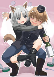 Rule 34 | 2girls, angry, animal ears, blonde hair, blush, brave witches, breasts, brown eyes, can, caviar, closed eyes, dog ears, dog tail, drunk, edytha rossmann, hat, hosoinogarou, large breasts, military hat, military uniform, multiple girls, open mouth, saliva, short hair, smile, spoon, tail, tears, uniform, waltrud krupinski, white hair, world witches series, yuri