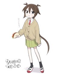 Rule 34 | 1girl, absurdres, black eyes, black socks, brown cardigan, brown hair, buttons, cardigan, collared shirt, commentary, copyright name, food, full body, green skirt, hair between eyes, highres, holding, holding food, kuroshio current, long hair, long sleeves, looking at viewer, low ponytail, myomuron, nagi akasa, necktie, no sclera, open mouth, pleated skirt, red necktie, school uniform, shirt, shoes, sideways glance, simple background, skirt, socks, solo, standing, taco, translated, uwabaki, white background, white shirt
