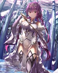 Rule 34 | 1girl, bare shoulders, bow, breasts, castle, cloud, commentary request, detached sleeves, dress, fate/grand order, fate (series), fur-trimmed dress, fur trim, hair between eyes, hair bow, hair ornament, hair ribbon, headpiece, highres, holding, holding wand, ice, jewelry, long hair, long sleeves, looking at viewer, medium breasts, outdoors, pelvic curtain, ponytail, purple bow, purple hair, purple ribbon, red eyes, ribbon, sakazakinchan, scathach (fate), scathach skadi (fate), scathach skadi (third ascension) (fate), sky, smile, solo, thighhighs, thighs, tiara, wand, white dress