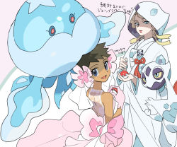 Rule 34 | 2girls, alternate costume, blonde hair, blue eyes, bow, brown hair, commentary request, creatures (company), dark-skinned female, dark skin, dated, dress, elite four, eyelashes, flower, froslass, game freak, gen 4 pokemon, gen 5 pokemon, glacia (pokemon), gloves, green nails, hair flower, hair ornament, hands up, holding, holding poke ball, hood, hood up, japanese clothes, jellicent, jellicent (male), kimono, lipstick, long hair, long sleeves, looking at viewer, looking back, makeup, multiple girls, nail polish, nibo (att 130), nintendo, open mouth, own hands together, phoebe (pokemon), pink dress, pink flower, pink gloves, poke ball, poke ball (basic), pokemon, pokemon (creature), pokemon oras, see-through, short hair, smile, tongue, uchikake, wedding dress