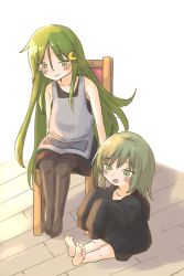 Rule 34 | 2girls, apron, barefoot, black pantyhose, black shirt, black sweater, chair, commentary request, crescent, crescent hair ornament, green eyes, green hair, hair between eyes, hair ornament, highres, kantai collection, long hair, long sleeves, medium hair, mother and daughter, multiple girls, nagatsuki (kancolle), on floor, pantyhose, po0000000000, shirt, sitting, sleeveless, sleeveless shirt, sweater, teeth, upper teeth only