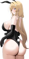 Rule 34 | 1girl, animal ears, ass, backless leotard, black gloves, black leotard, blonde hair, blue eyes, blush, breasts, closed mouth, commentary, cowboy shot, elbow gloves, fake animal ears, fake tail, from behind, frown, furrowed brow, gloves, hair intakes, highres, huge ass, large breasts, leotard, long hair, looking at viewer, looking back, original, playboy bunny, rabbit ears, rabbit tail, sideboob, sidelocks, simple background, solo, standing, strapless, strapless leotard, sweat, tail, tongtangtong, twintails, white background, wing hair ornament
