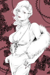 Rule 34 | 1girl, bad id, bad pixiv id, ballroom e youkoso, breasts, cleavage, cowboy shot, dress, fur scarf, glasses, hyoudou marisa, long hair, looking at viewer, simple background, solo, standing, touka (akira nogi), white dress, white hair