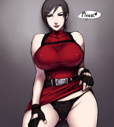Rule 34 | 1girl, ada wong, bare shoulders, breasts, capcom, clothes lift, dress, dress lift, english text, fingerless gloves, gloves, harness, large breasts, lingerie, looking at viewer, panties, resident evil, sawao, smile, solo, underwear