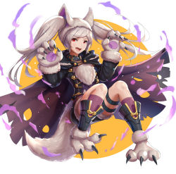 Rule 34 | 1girl, animal ears, animal hands, belt, collar, fang, fire emblem, fire emblem awakening, fire emblem heroes, full body, fur trim, gloves, gonzarez, grima (fire emblem), halloween costume, highres, long sleeves, nintendo, open mouth, paw gloves, red eyes, robin (female) (fire emblem), robin (fire emblem), shorts, simple background, solo, tail, twintails, white hair, wolf ears, wolf tail
