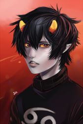 Rule 34 | 1boy, black hair, cancer (symbol), colored sclera, colored skin, fangs, grey skin, homestuck, horns, jin-nyeh, karkat vantas, looking at viewer, nyeh, open mouth, realistic, red background, red eyes, sharp teeth, short hair, sweater, teeth, upper body, yellow sclera