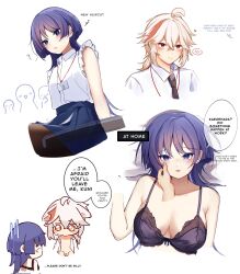Rule 34 | 1boy, 1girl, black bra, black necktie, black pantyhose, blonde hair, blue eyes, blue hair, bottomless, bra, breasts, chibi, commentary, compressed breasts, corrupted twitter file, disembodied hand, english commentary, english text, engrish text, genderswap, genderswap (mtf), genshin impact, hand on another&#039;s cheek, hand on another&#039;s face, highres, kaedehara kazuha, large breasts, long hair, miniskirt, multicolored hair, necktie, open clothes, open shirt, orange eyes, orange hair, pantyhose, ranguage, scaramouche (genshin impact), skirt, streaked hair, uiidda, underwear