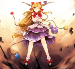 Rule 34 | 1girl, :q, ;q, belt, bow, bowtie, chain, gourd, hair bow, hair over one eye, horns, ibuki suika, long hair, looking at viewer, one eye closed, oni, orange hair, red bow, red bowtie, ribbon, serizawa mutsuki, solo, standing, tongue, tongue out, touhou, very long hair, wink