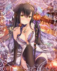 Rule 34 | bat wings, black gloves, black hair, black legwear, blush, breasts, cleavage, demon girl, elbow gloves, falkyrie no monshou, gloves, halloween, holding, holding staff, jack-o&#039;-lantern, jewelry, large breasts, long hair, looking at viewer, natsumekinoko, necklace, official art, parted lips, pumpkin, sitting, staff, thighhighs, wings, yellow eyes