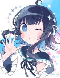 Rule 34 | + +, 1girl, ahoge, black hair, black ribbon, black sailor collar, blue eyes, blue hair, blush stickers, character request, chon (chon33v), closed mouth, commentary request, flipped hair, hair ribbon, hand up, highres, iriam, long hair, long sleeves, multicolored hair, one eye closed, ribbon, sailor collar, shirt, sidelocks, signature, solo, sparkle, star (symbol), two-tone hair, virtual youtuber, white ribbon, white shirt, wide sleeves