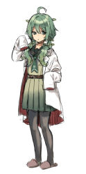 Rule 34 | 1girl, bad id, bad twitter id, black pantyhose, black sailor collar, brown footwear, commentary request, full body, green eyes, green hair, green neckwear, green shirt, green skirt, grey eyes, hair between eyes, lab coat, long hair, long sleeves, looking at viewer, low twintails, midorikawa you, open clothes, original, pantyhose, parted lips, pleated skirt, sailor collar, school uniform, serafuku, shirt, simple background, skirt, sleeves past fingers, sleeves past wrists, slippers, solo, standing, twintails, white background