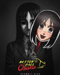 1girl azumanga_daiou better_call_saul black_jacket breaking_bad brown_eyes brown_hair collared_shirt commit_dead cosplay empty_eyes formal jacket kasuga_ayumu looking_at_viewer medium_hair necktie partially_colored shaded_face shirt suit