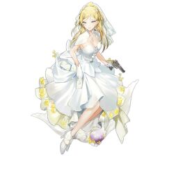 Rule 34 | 1girl, blonde hair, blue eyes, braid, breasts, card, cleavage, crystal ball, daewoo k5, detached collar, dress, earrings, flower request, girls&#039; frontline, gloves, gun, hair ornament, handgun, high heels, holding, holding card, holding gun, holding weapon, jewelry, k5 (array of venus) (girls&#039; frontline), k5 (girls&#039; frontline), large breasts, looking at viewer, lpip, necklace, official alternate costume, official art, simple background, sitting, smile, solo, transparent background, weapon, white dress, white footwear, white gloves