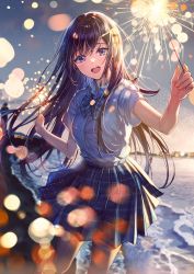Rule 34 | 1girl, :d, blue skirt, blurry, blurry background, blush, bow, bowtie, brown hair, collared shirt, fireworks, highres, holding, holding fireworks, long hair, looking at viewer, ocean, open mouth, original, outdoors, outstretched arms, plaid, plaid skirt, pleated skirt, purple eyes, sakura (39ra), school uniform, shirt, short sleeves, skirt, sky, smile, solo, sparkler, spread arms, standing, water, white shirt