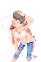 Rule 34 | 10s, 1girl, akashi (kancolle), blush, breasts, casual, cleavage, cross, cross necklace, green eyes, hair ribbon, hand on headwear, hat, highres, holding, holding clothes, holding hat, jewelry, kantai collection, long hair, looking at viewer, medium breasts, necklace, one eye closed, pink hair, ribbon, simple background, smile, solo, tress ribbon, twintails, yukai nao