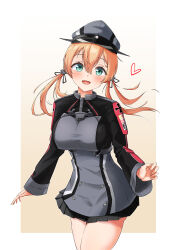 Rule 34 | 1girl, :d, blonde hair, breasts, cowboy shot, green eyes, hat, heart, highres, kantai collection, large breasts, long sleeves, looking at viewer, low twintails, military uniform, open mouth, pleated skirt, prinz eugen (kancolle), skirt, smile, solo, twintails, uniform, user fzvw5472