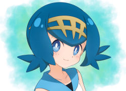 Rule 34 | 1girl, blue eyes, blue hair, blue sailor collar, bright pupils, closed mouth, commentary request, creatures (company), freckles, game freak, hairband, kouzuki (reshika213), lana (pokemon), looking at viewer, nintendo, no sclera, pokemon, pokemon (anime), pokemon sm (anime), portrait, sailor collar, shirt, short hair, smile, solo, upper body, white pupils, white shirt, yellow hairband