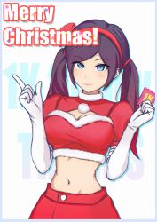 Rule 34 | 1girl, absurdres, breasts, christmas, condom, condom wrapper, elbow gloves, gloves, gradient hair, highres, holding, holding condom, large breasts, long hair, looking at viewer, merry christmas, multicolored hair, nuclear82, original, purple hair, red hair, santa costume, smile, solo, twintails, white gloves