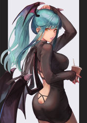 Rule 34 | 1girl, arm up, ass, back, bat wings, black dress, breasts, butt crack, cup, demon girl, demon horns, dress, drinking straw, from behind, green hair, hand on own head, head wings, hinoru saikusa, horns, large breasts, lips, long sleeves, looking at viewer, looking back, morrigan aensland, nail polish, ponytail, red nails, simple background, solo, sweater, turtleneck, turtleneck sweater, vampire (game), white background, wings, yellow eyes