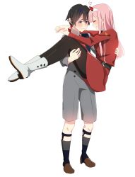 Rule 34 | 10s, 1boy, 1girl, black hair, black pantyhose, blue eyes, blue horns, blush, boots, brown footwear, carrying, closed eyes, commentary request, couple, darling in the franxx, dress, face-to-face, forehead-to-forehead, grey shirt, grey shorts, hair ornament, hairband, hand on another&#039;s back, hand on another&#039;s leg, heads together, heart, hetero, highres, hiro (darling in the franxx), holding legs, horns, hug, long hair, long sleeves, looking at another, military, military uniform, necktie, oni horns, pantyhose, pink hair, princess carry, red dress, red horns, red neckwear, shirt, shoes, short hair, shorts, simple background, socks, syr5anx3, uniform, white background, white footwear, white hairband, zero two (darling in the franxx)